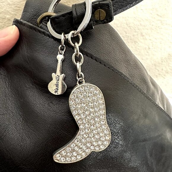 Lucky Brand Kune Studded Leather Crossbody Clutch Black Brass Nashville Keychain - Picture 6 of 7